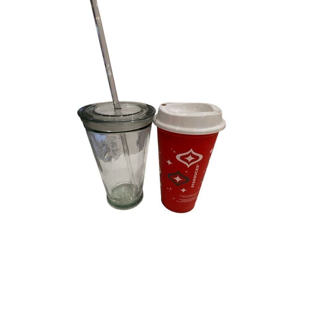 Lot of 2 Starbucks Glass Cold Cup & 2023 Reusable Holiday Hot Cup Clear Red 16oz